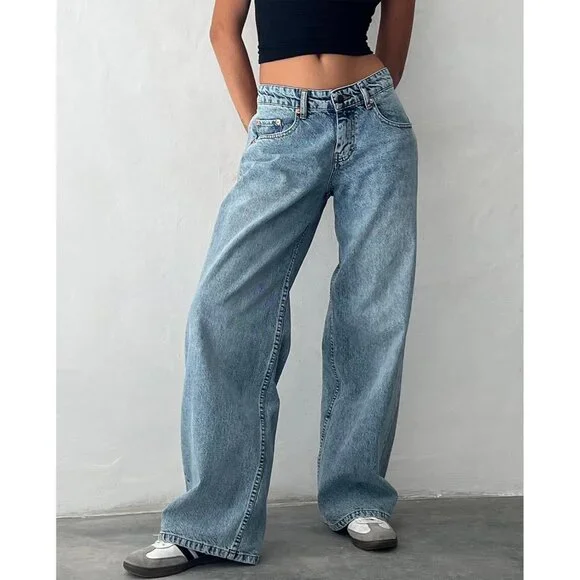Women Y2K Low Rise Baggy Jeans Vintage Wide Leg Casual Denim Pants